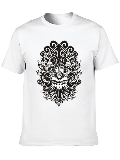 Black Tee with Intricate White Balinese Mask Design