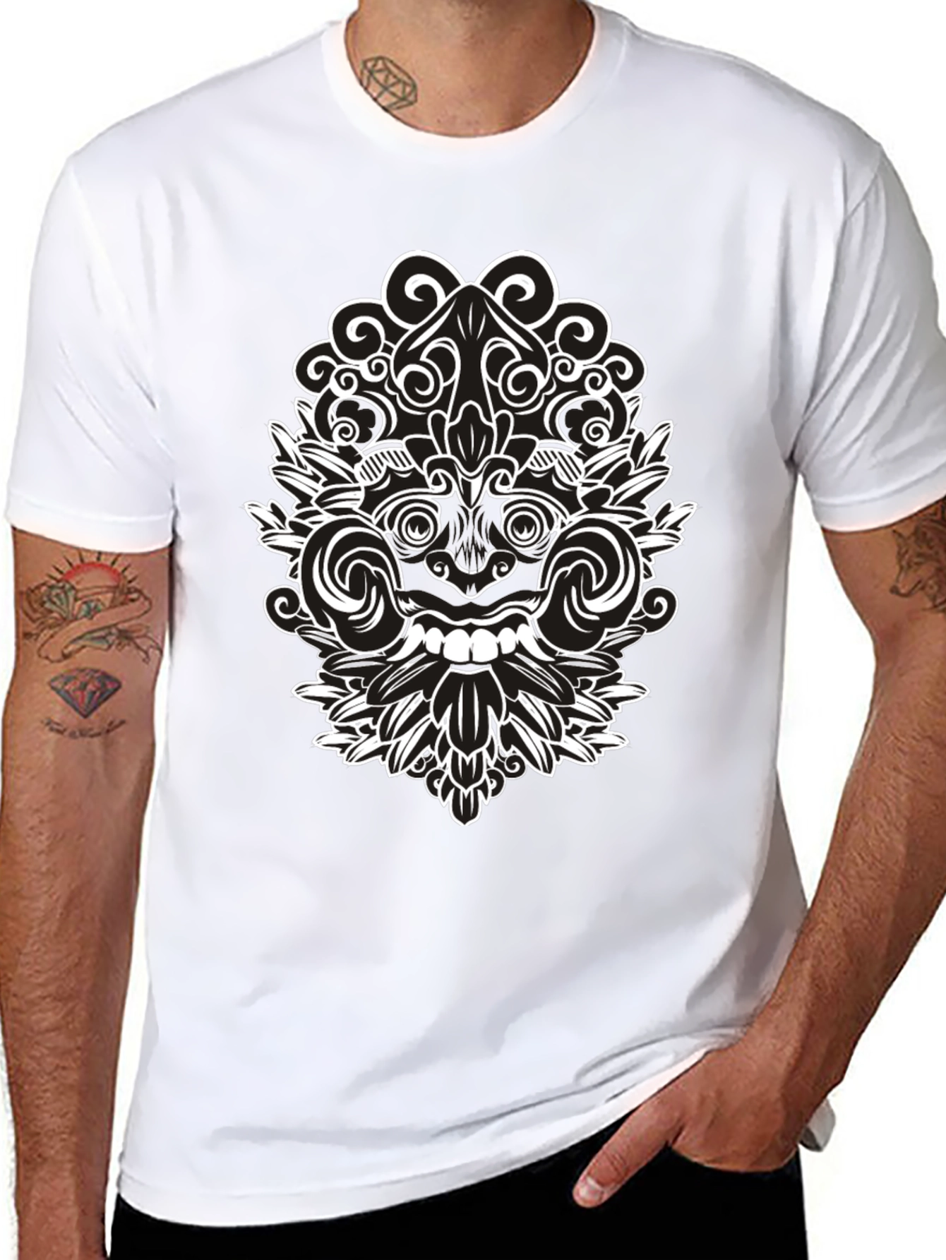 Black Tee with Intricate White Balinese Mask Design