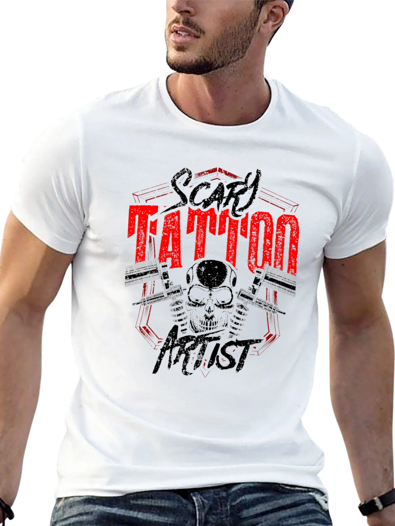 Scary Tattoo Artist Graphic Print Black T-Shirt