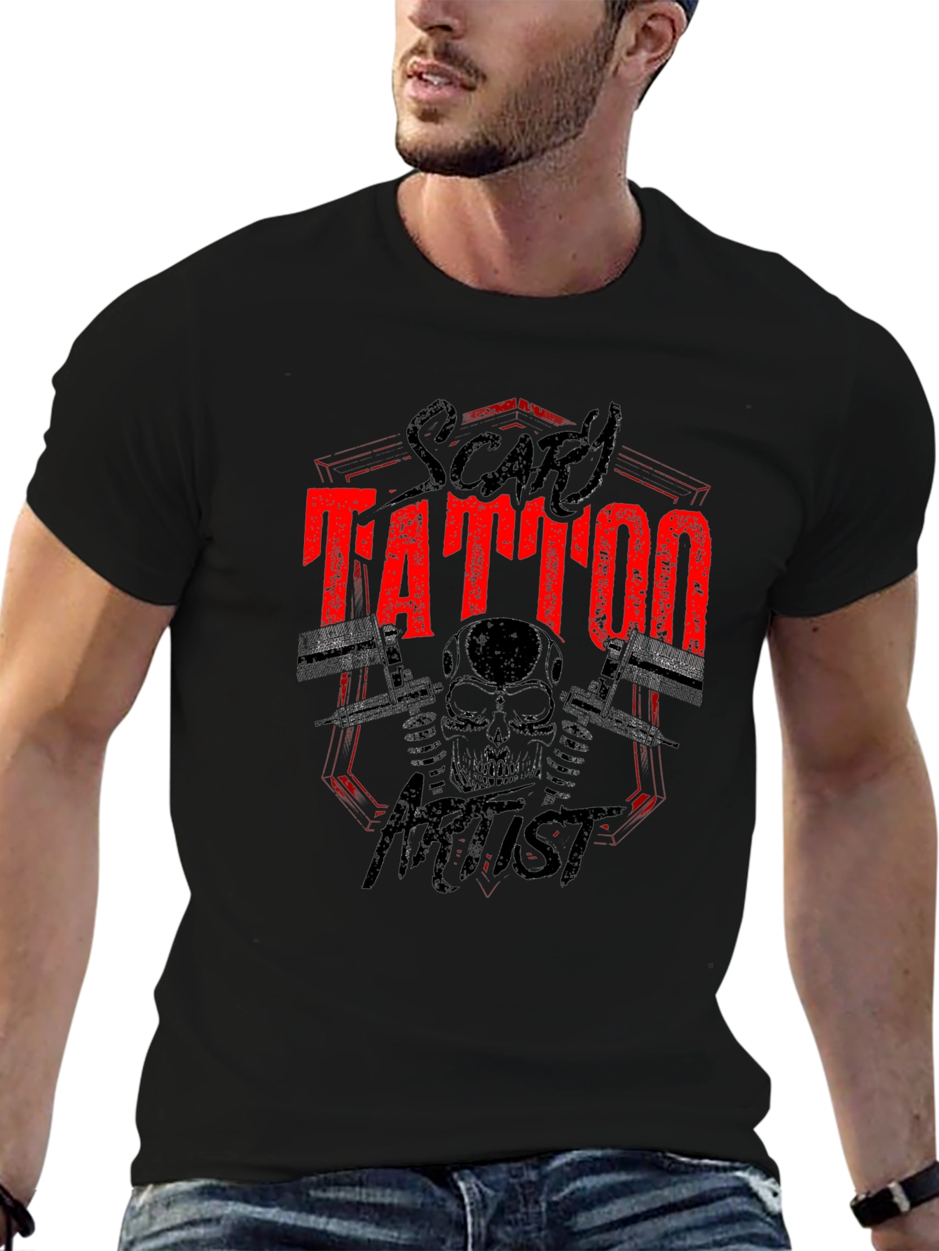 Scary Tattoo Artist Graphic Print Black T-Shirt