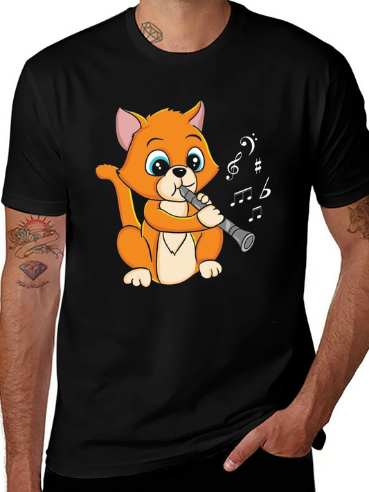 Funny Cat Flute Player Graphic T-Shirt - Cool Music Tee