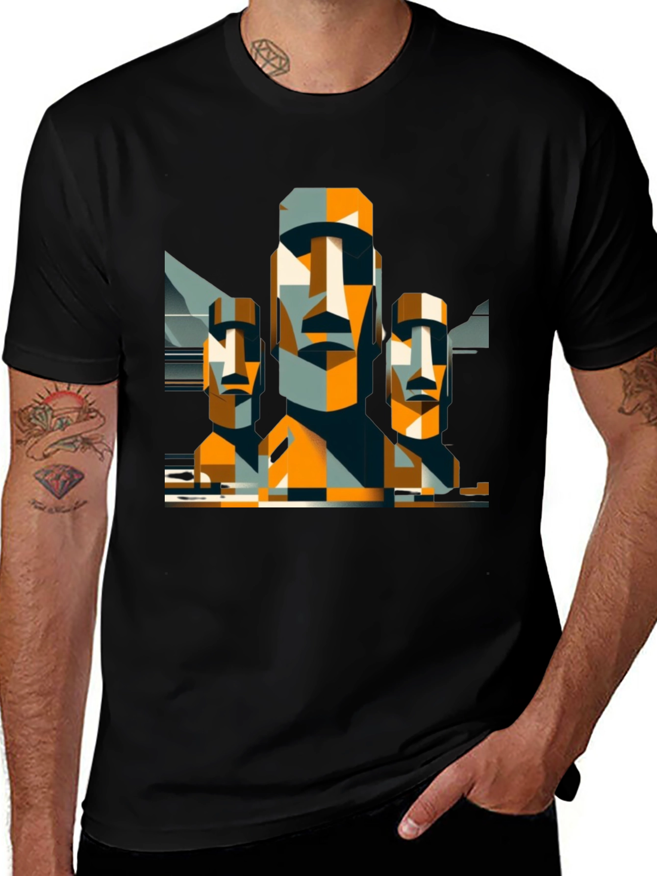 Moai Statue Graphic Tee - Modern Geometric Design