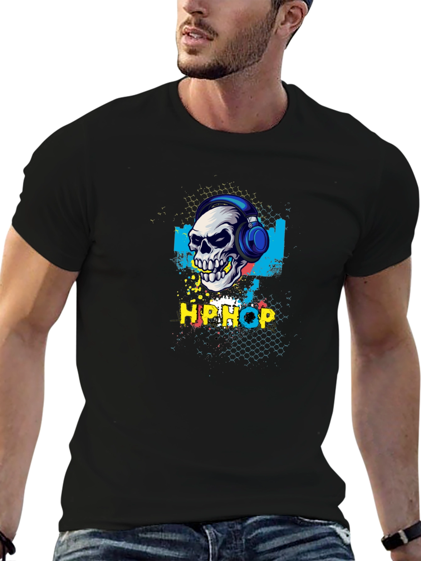 Hip Hop Skull Graphic Tee - Black T-Shirt