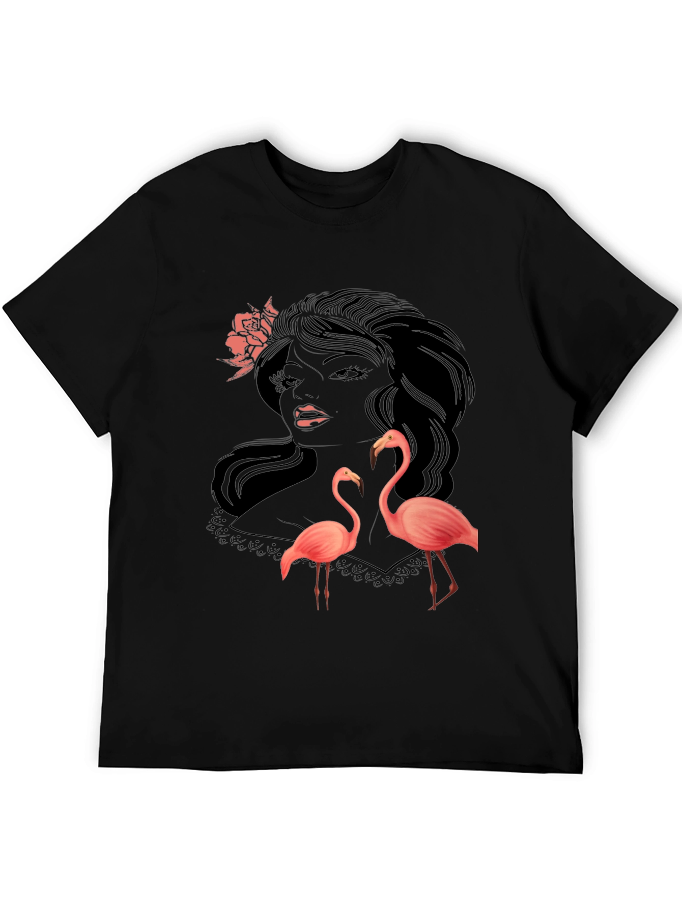 Stylish Black Graphic Tee with Flamingo Design