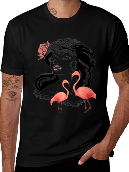 Stylish Black Graphic Tee with Flamingo Design