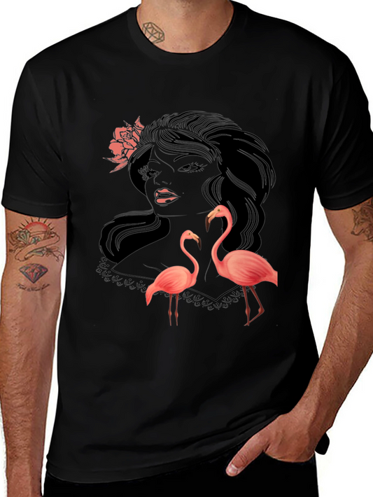 Stylish Black Graphic Tee with Flamingo Design