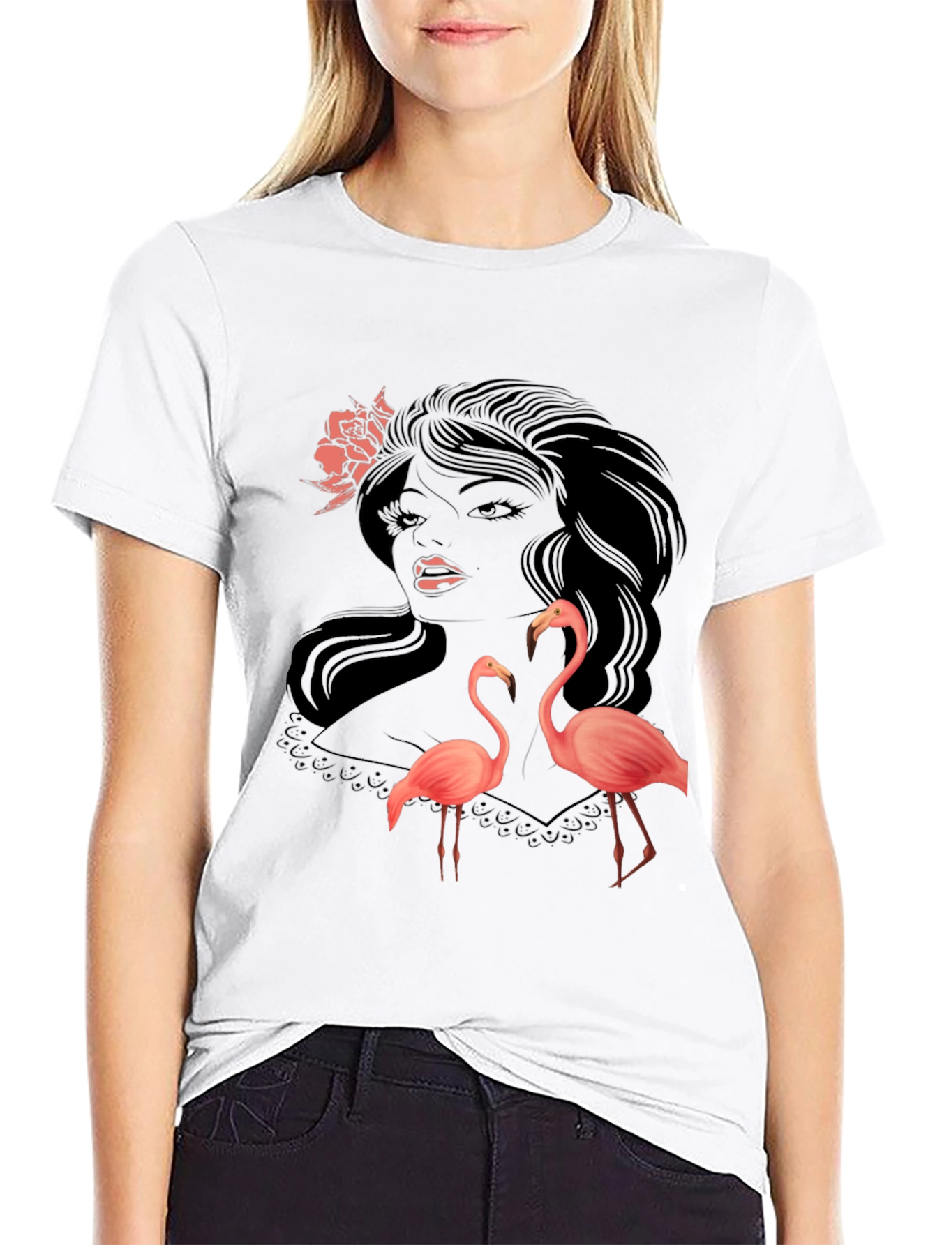 Stylish Black Graphic Tee with Flamingo Design
