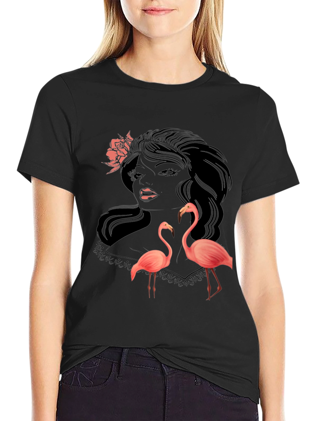Stylish Black Graphic Tee with Flamingo Design