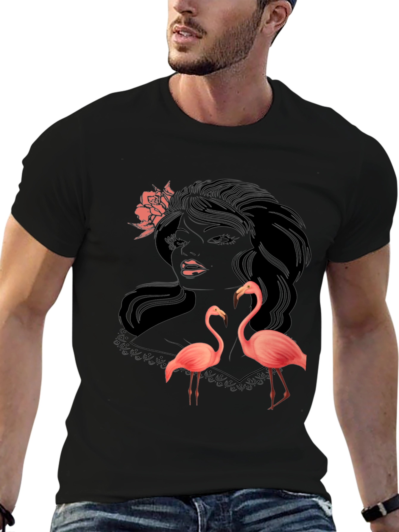 Stylish Black Graphic Tee with Flamingo Design