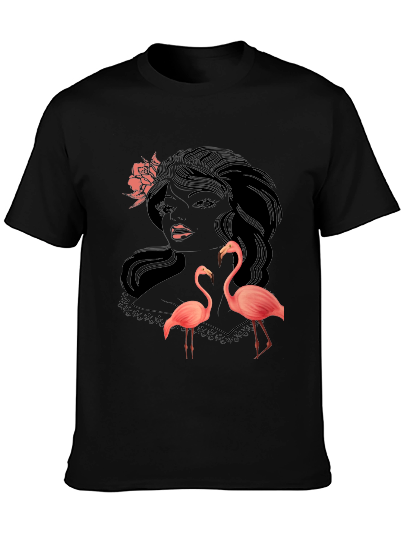 Stylish Black Graphic Tee with Flamingo Design