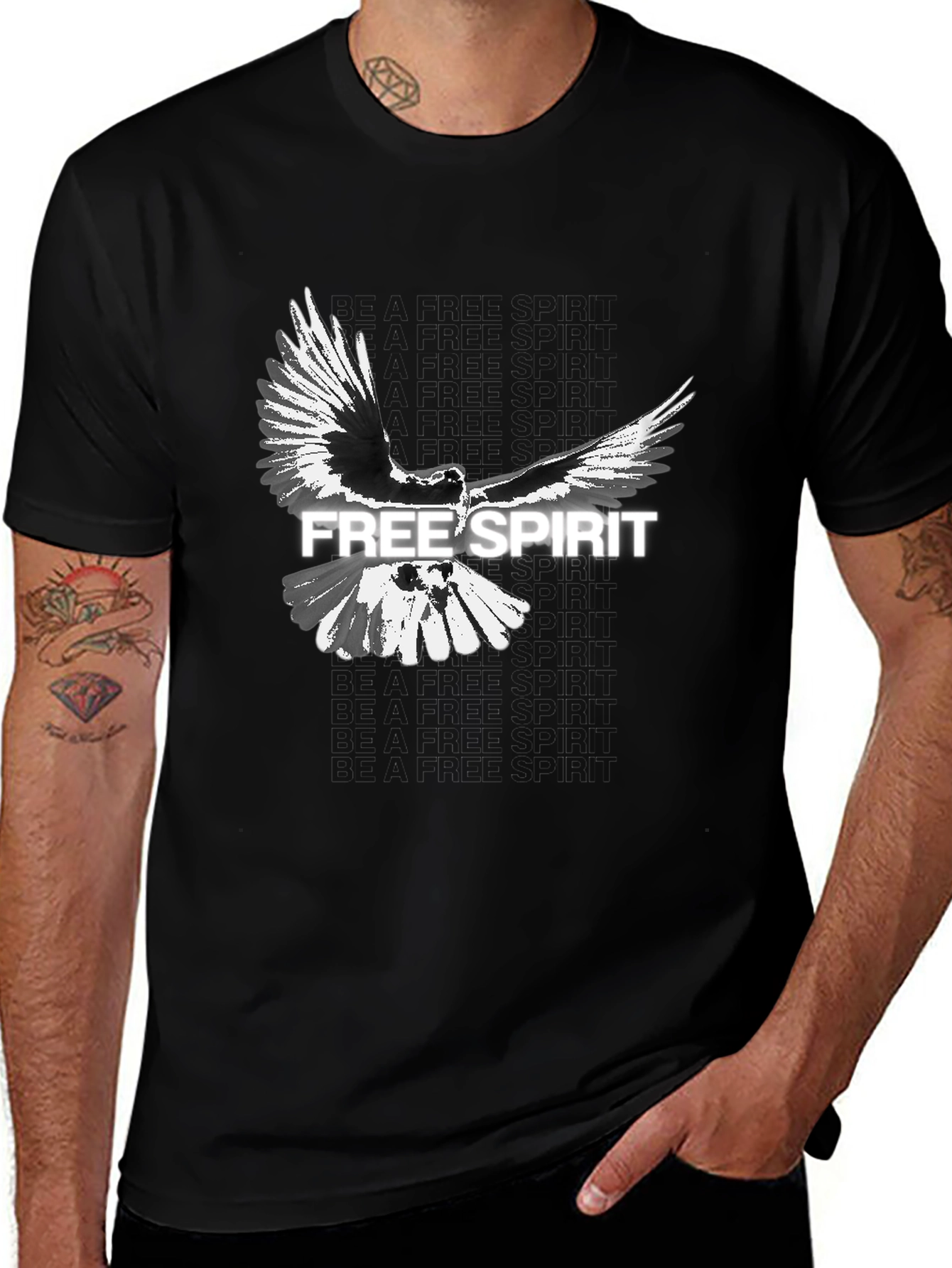 Free Spirit Bird Graphic Mens Black T-Shirt