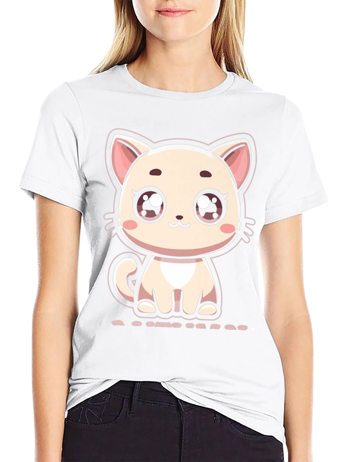 Cute Cartoon Kitten Graphic Black T-Shirt
