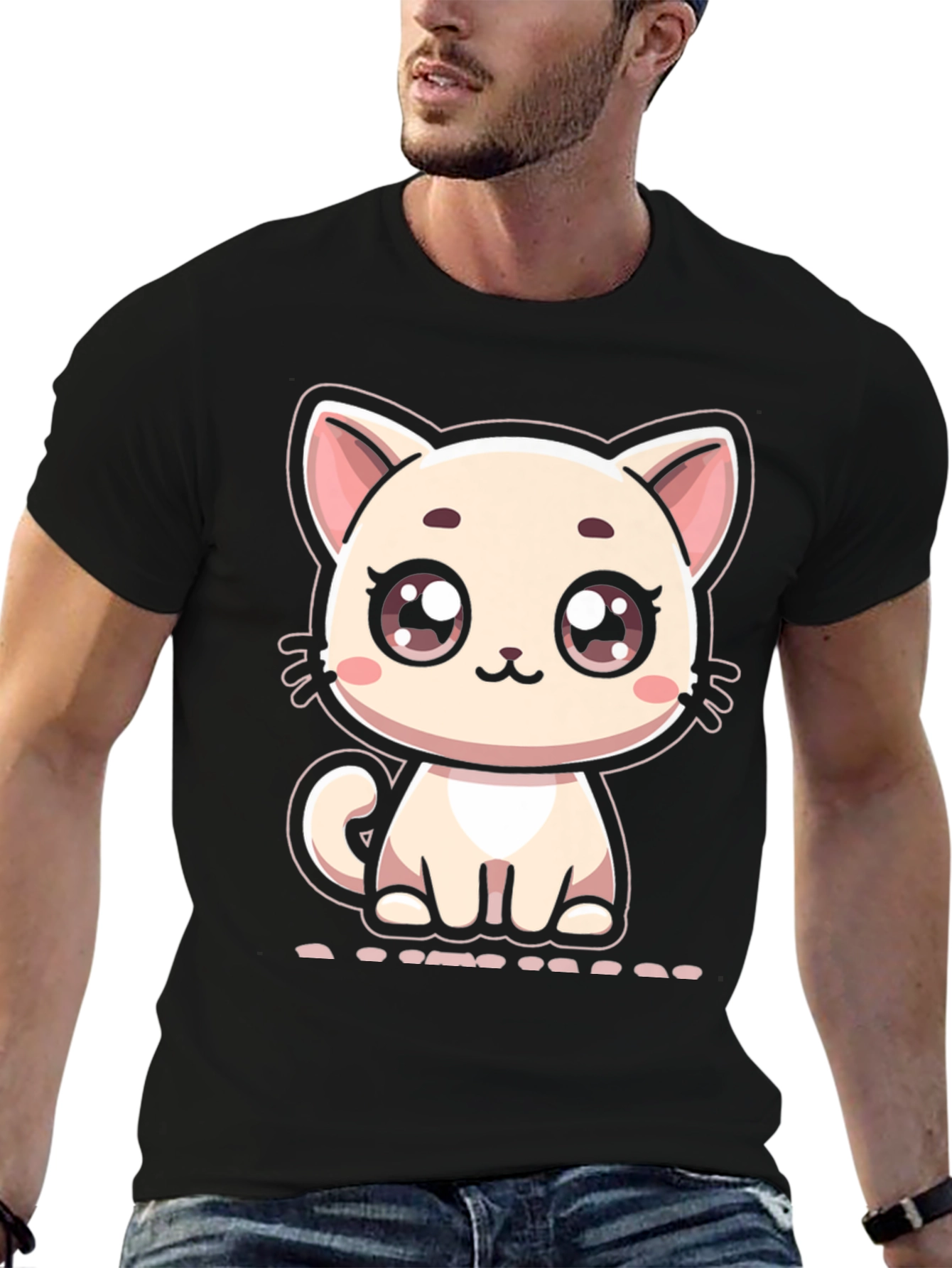 Cute Cartoon Kitten Graphic Black T-Shirt
