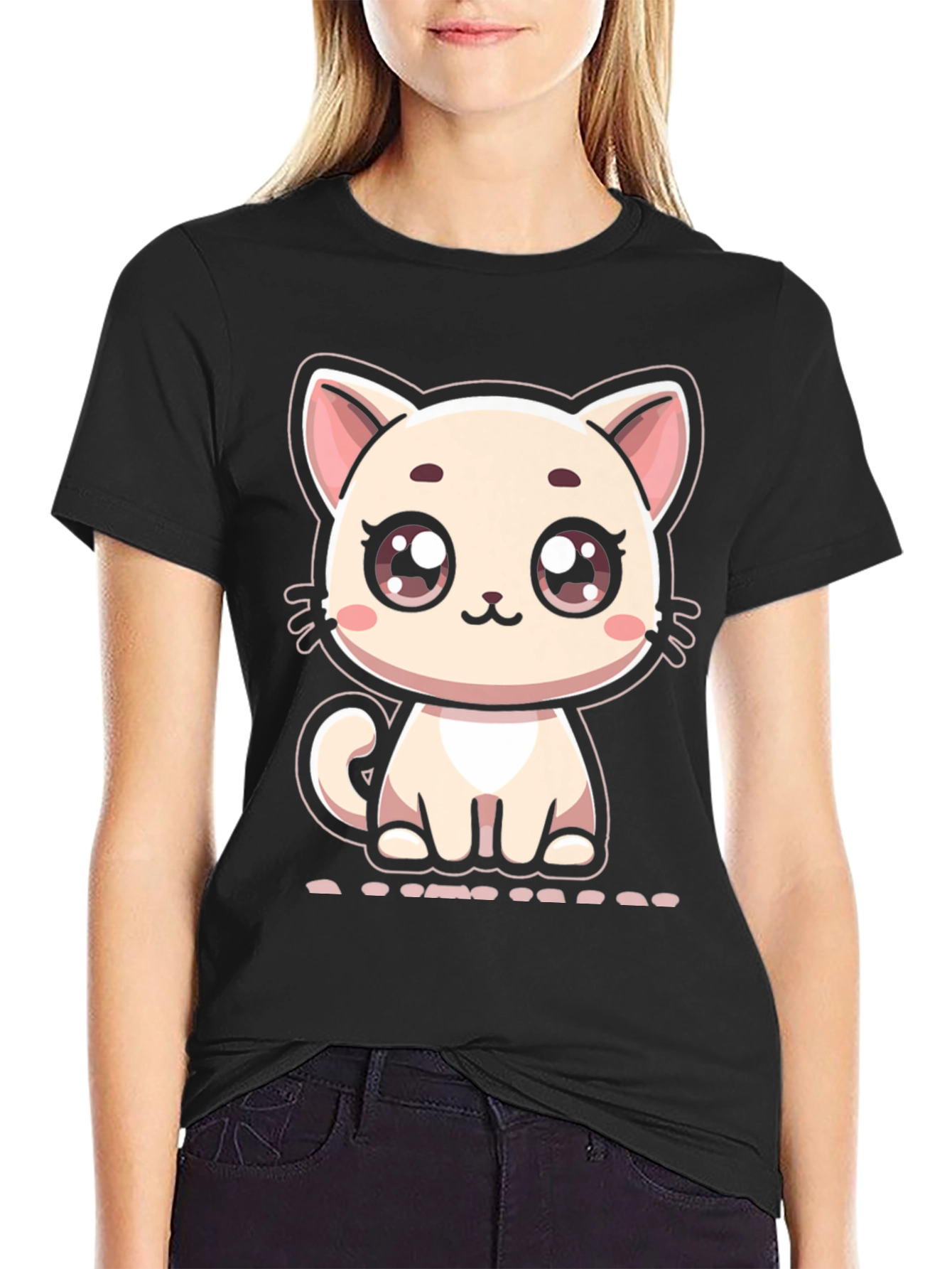 Cute Cartoon Kitten Graphic Black T-Shirt