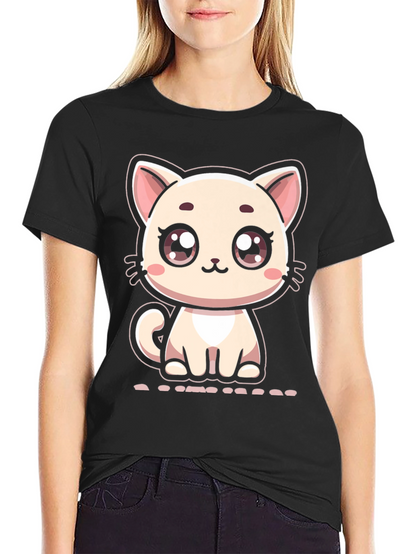 Cute Cartoon Kitten Graphic Black T-Shirt