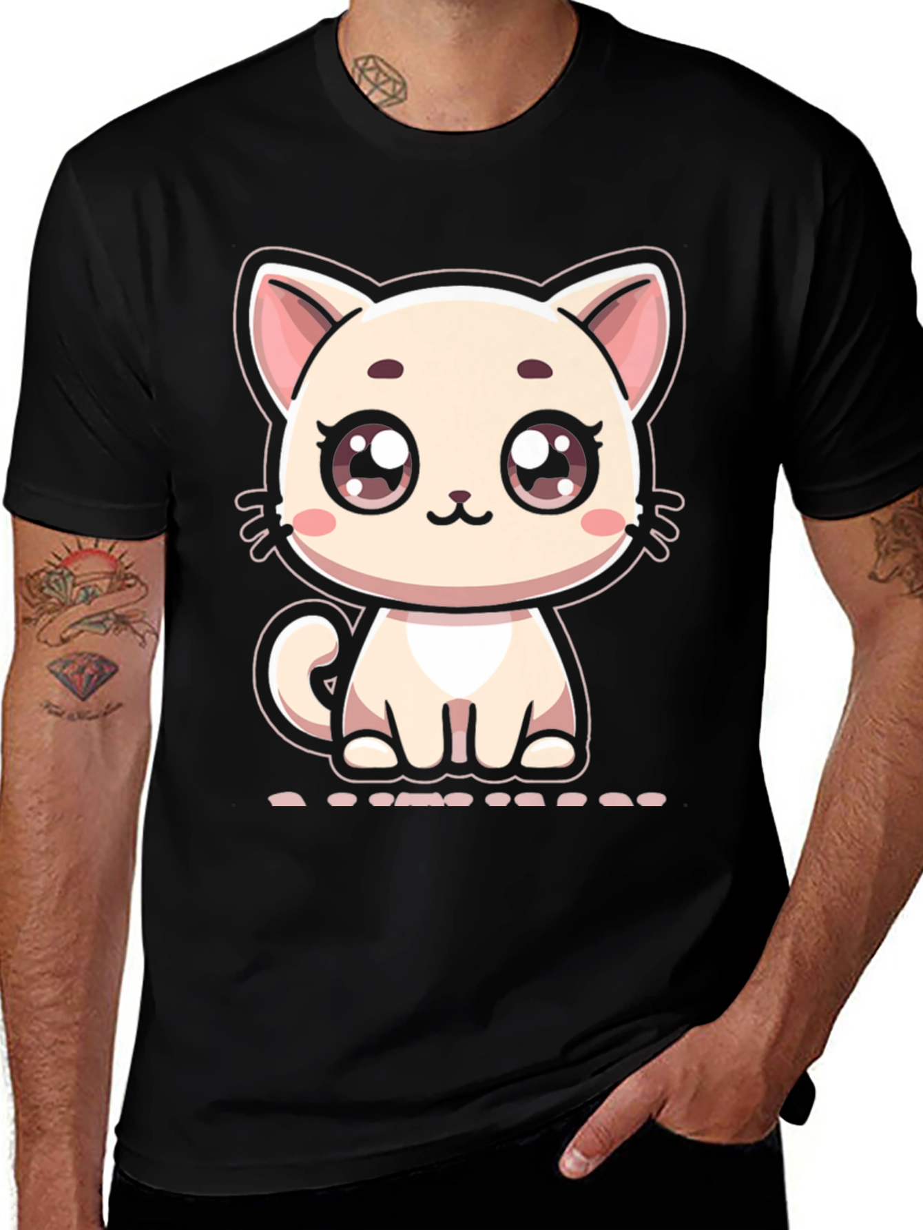 Cute Cartoon Kitten Graphic Black T-Shirt