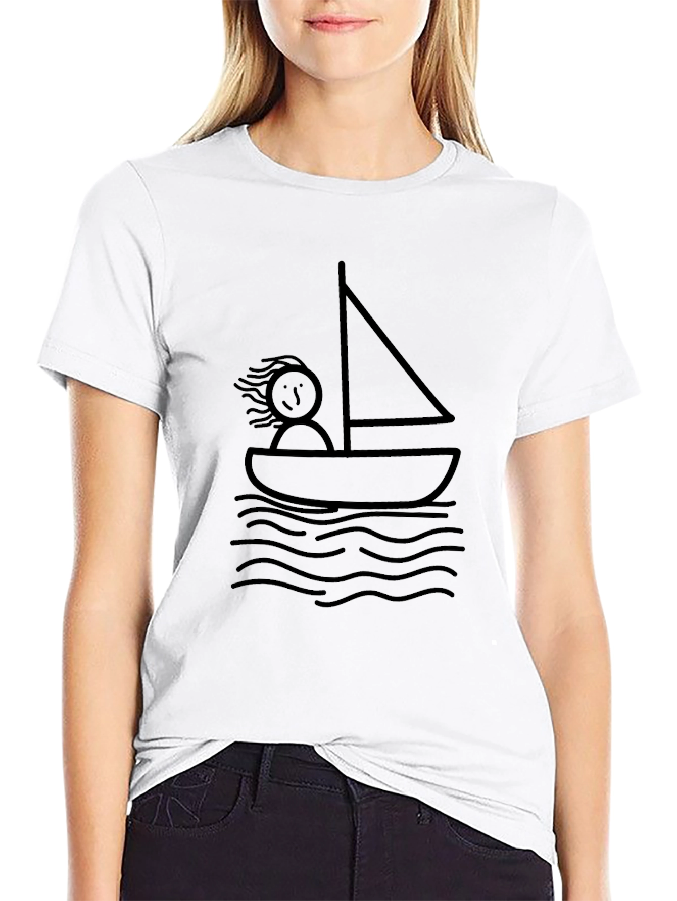 Stick Figure Sailboat Black T-Shirt - Relaxed Fit