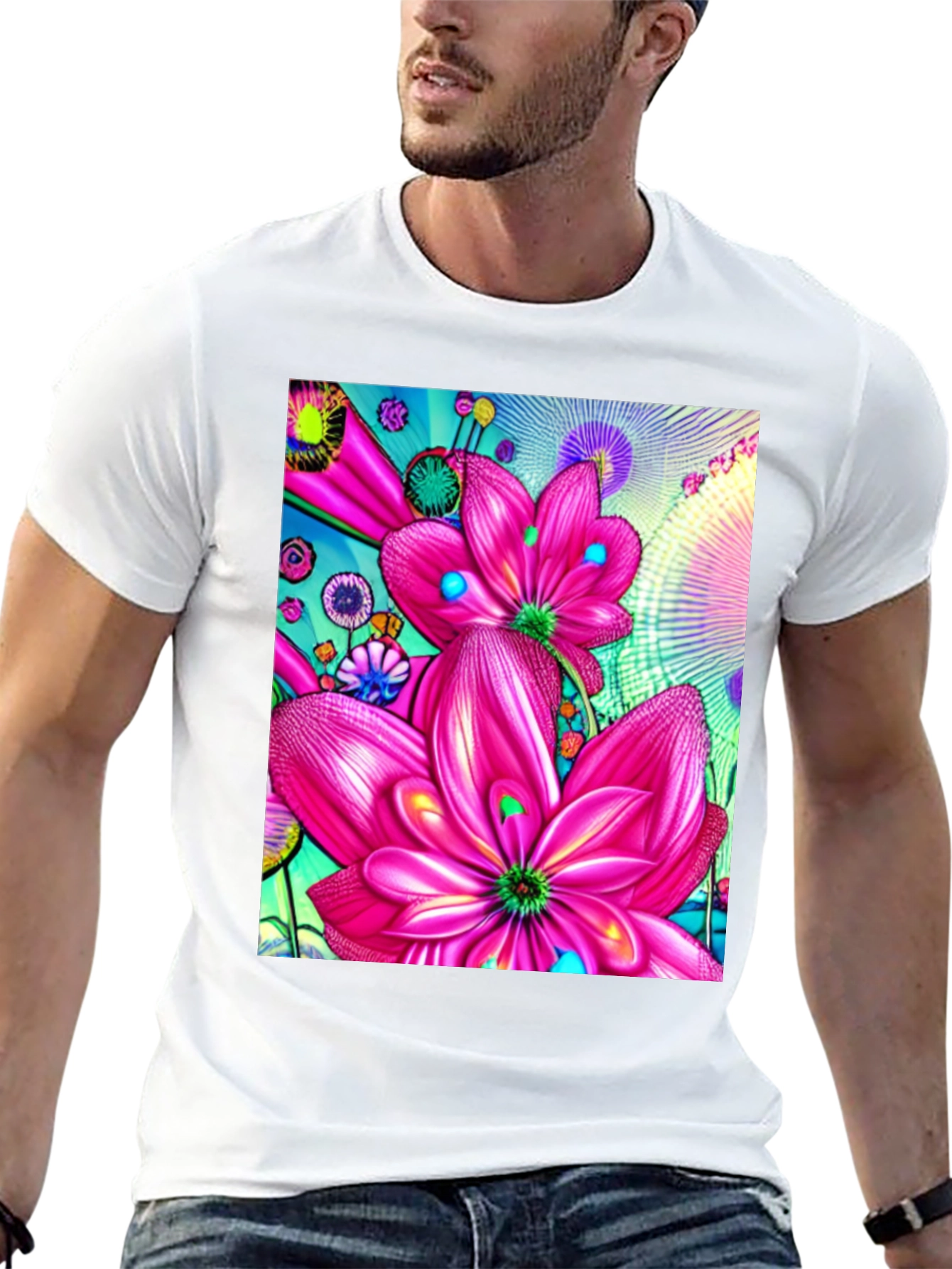 Floral Print Black Cotton T-Shirt