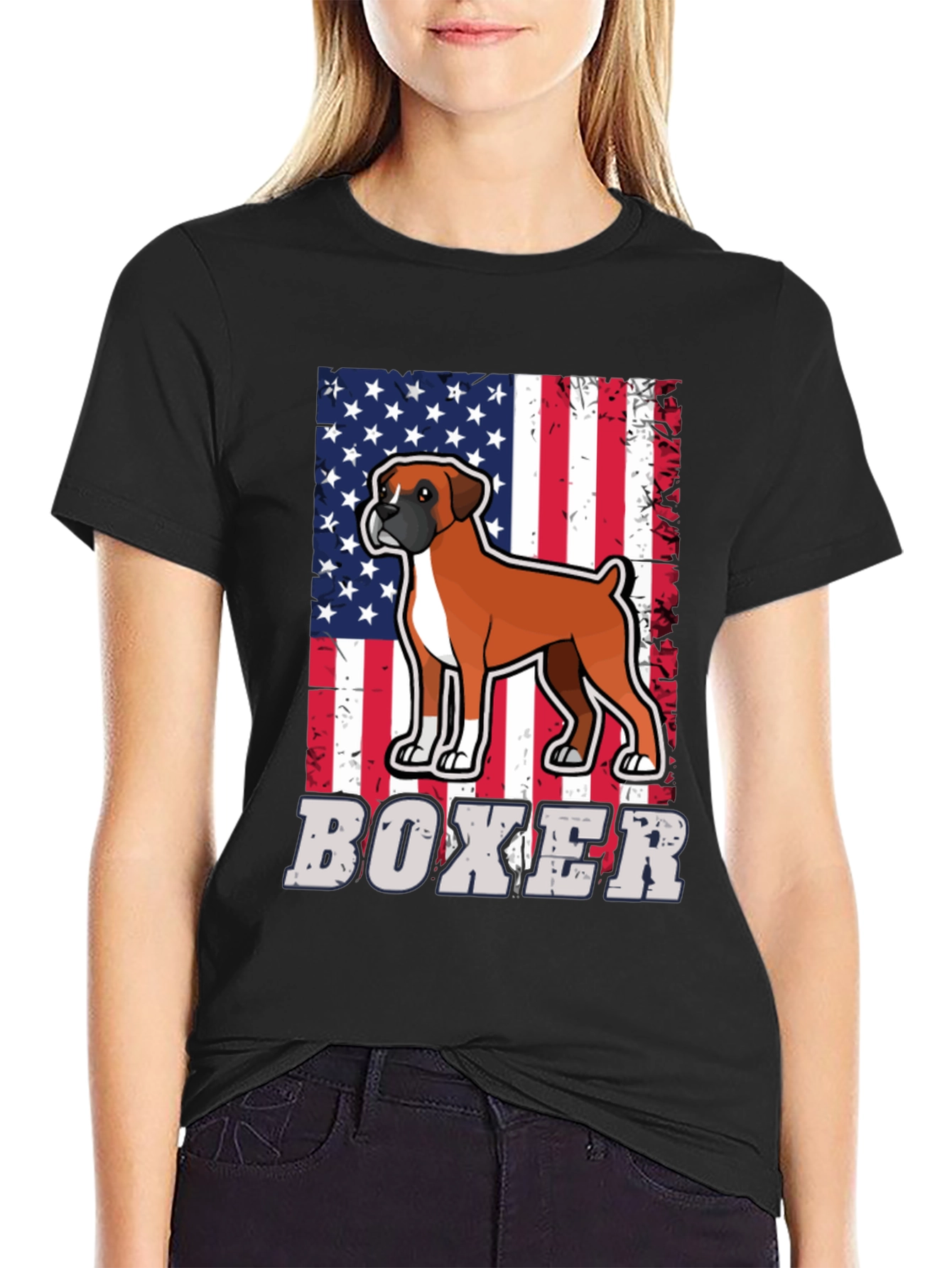 Boxer Dog American Flag Graphic T-Shirt