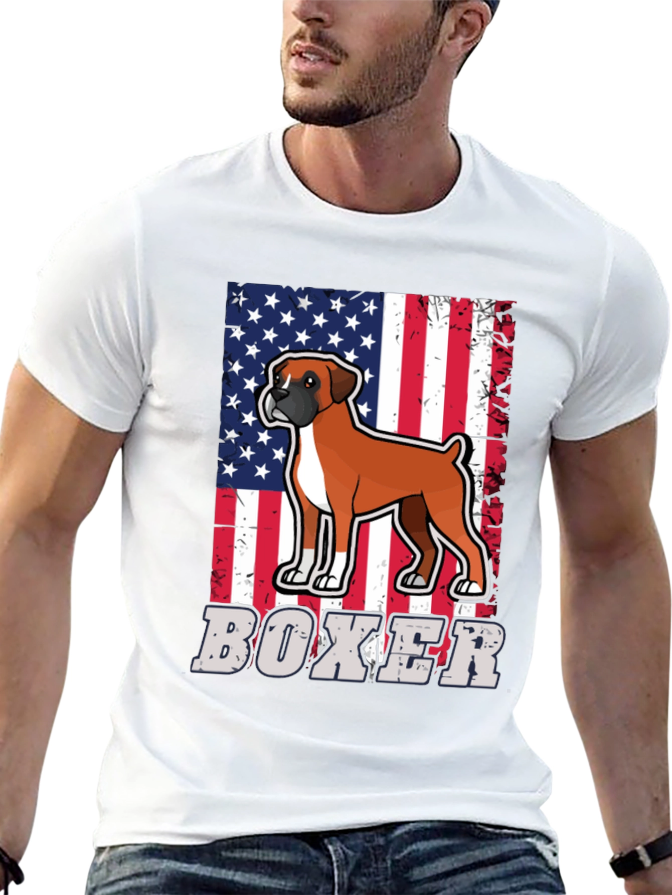 Boxer Dog American Flag Graphic T-Shirt