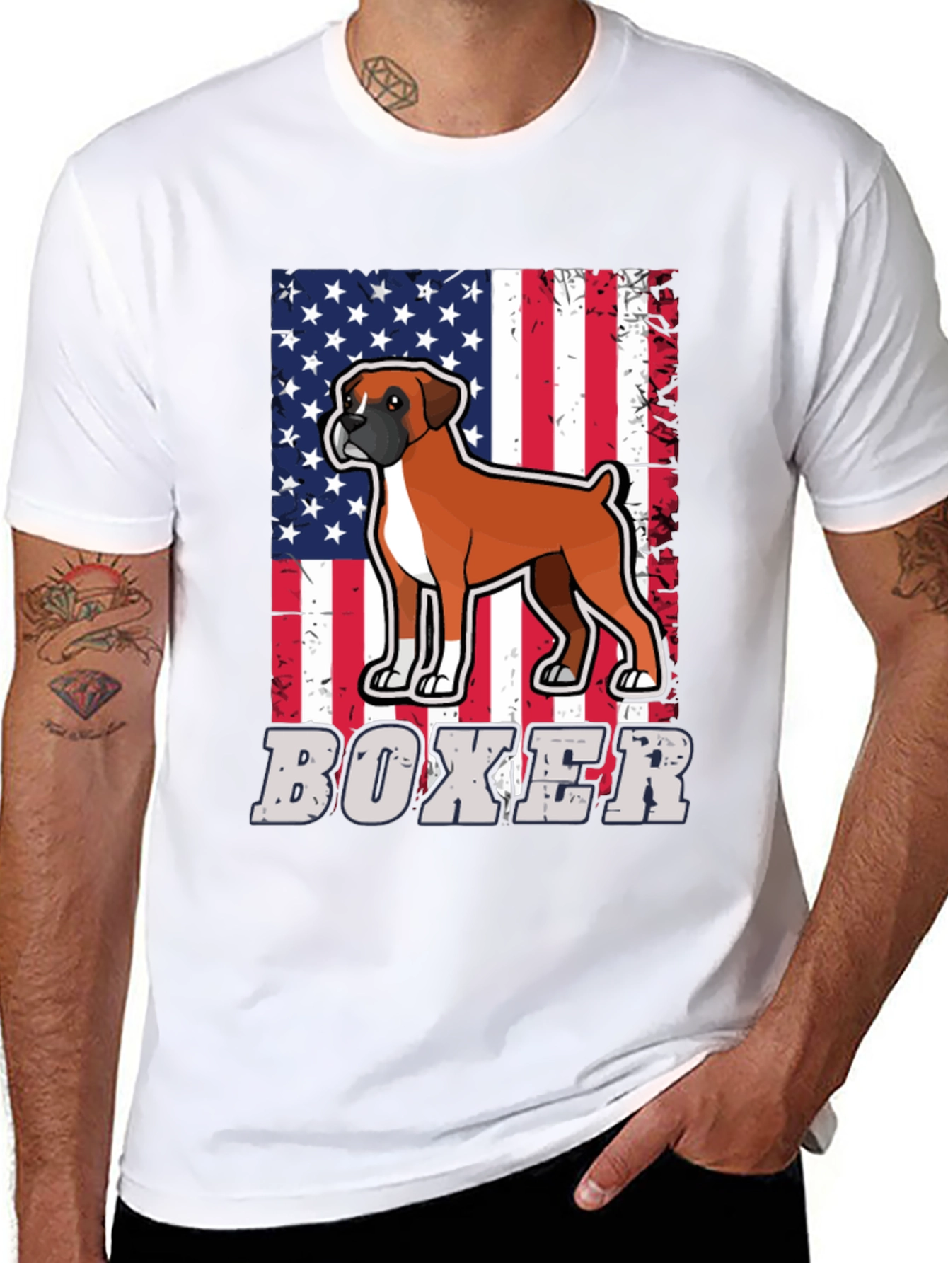 Boxer Dog American Flag Graphic T-Shirt