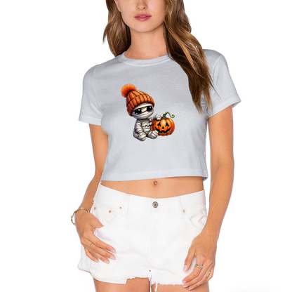 Cool Mummy Kid With Pumpkin Halloween Cropped Tee
