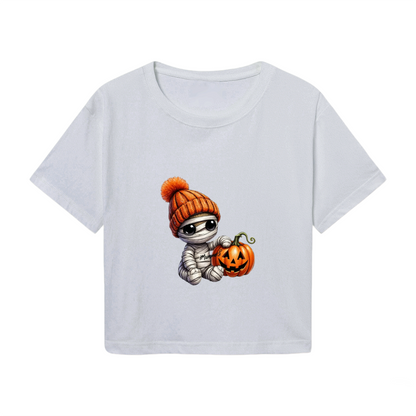 Cool Mummy Kid With Pumpkin Halloween Cropped Tee