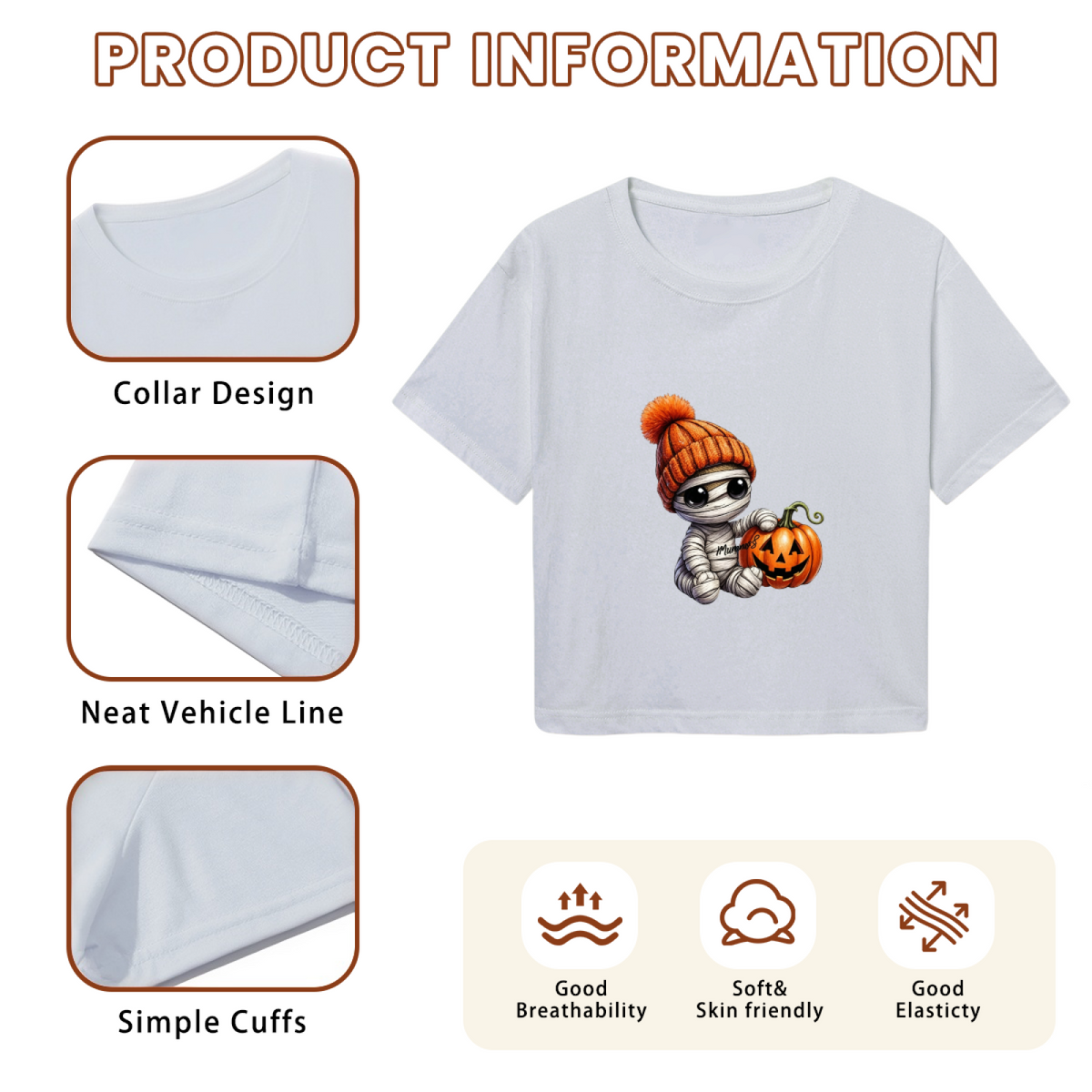 Cool Mummy Kid With Pumpkin Halloween Cropped Tee