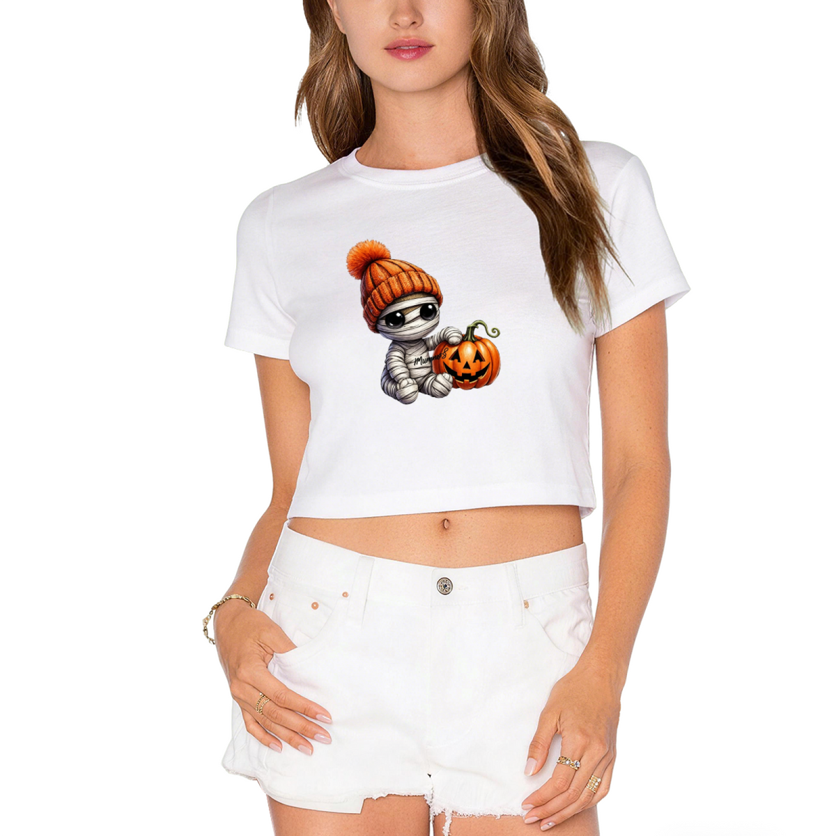 Cool Mummy Kid With Pumpkin Halloween Cropped Tee