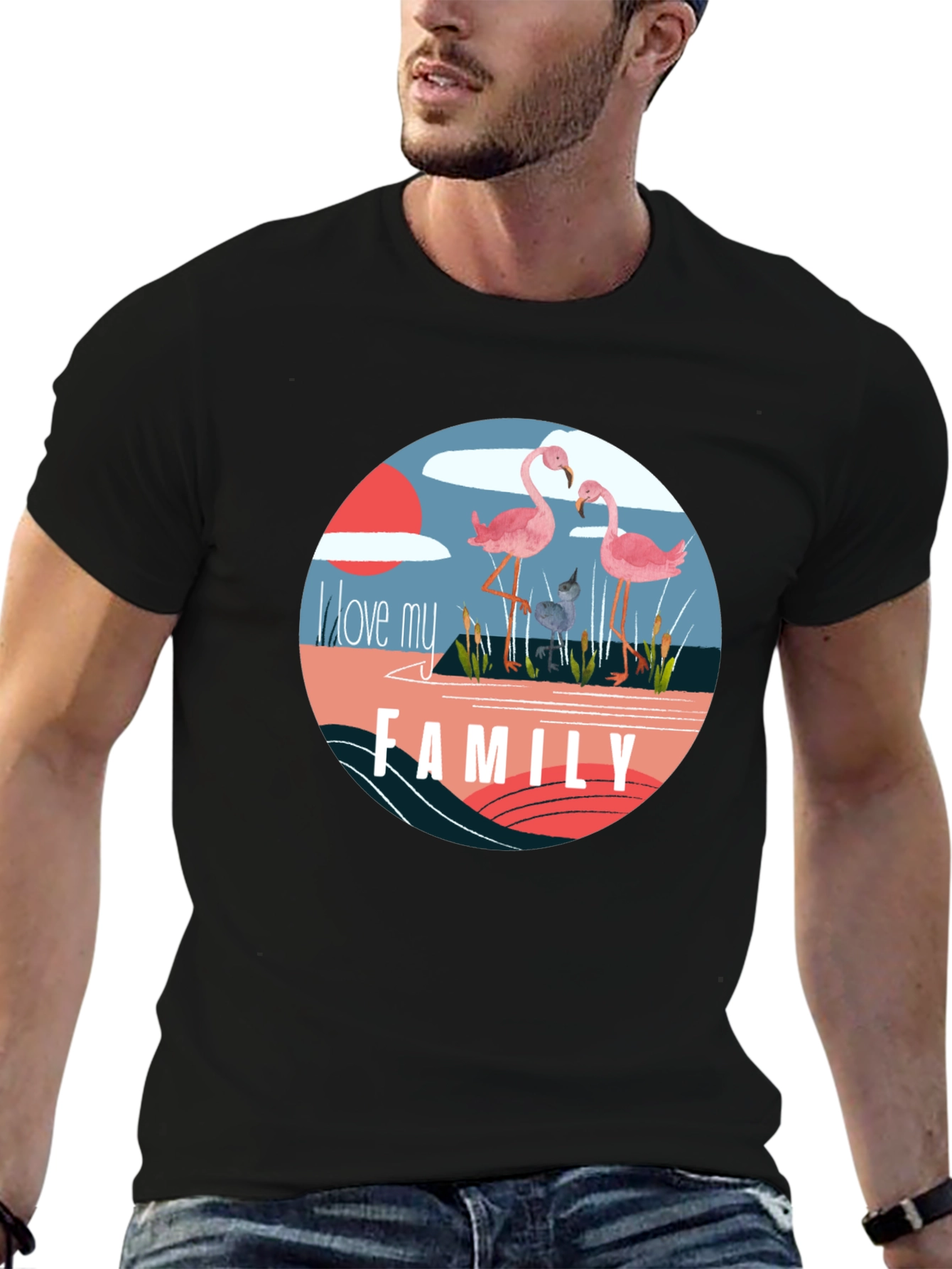 Flamingo Family Graphic Tee - Black Cotton Blend