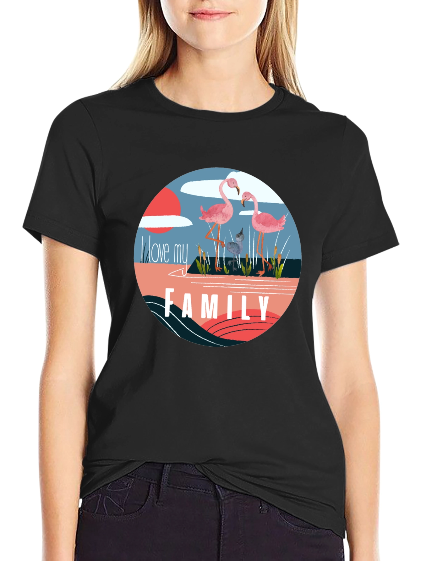 Flamingo Family Graphic Tee - Black Cotton Blend