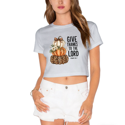 Give Thanks To The Lord Leopard Pumpkin Thanksgiving Cropped Tee