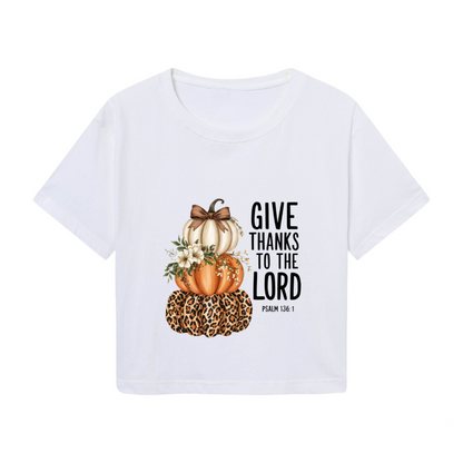 Give Thanks To The Lord Leopard Pumpkin Thanksgiving Cropped Tee