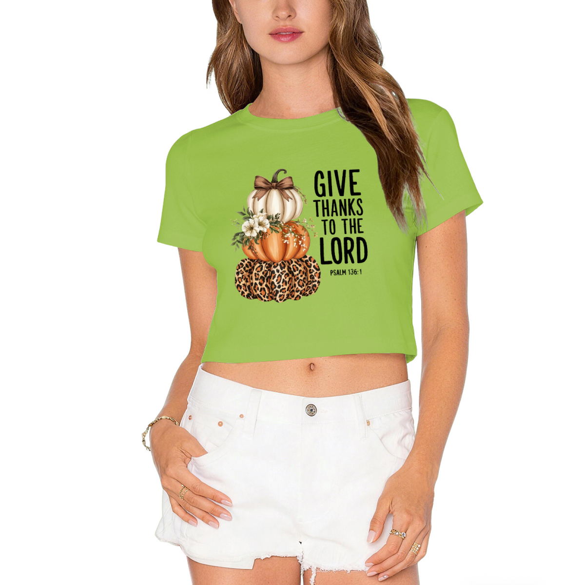 Give Thanks To The Lord Leopard Pumpkin Thanksgiving Cropped Tee