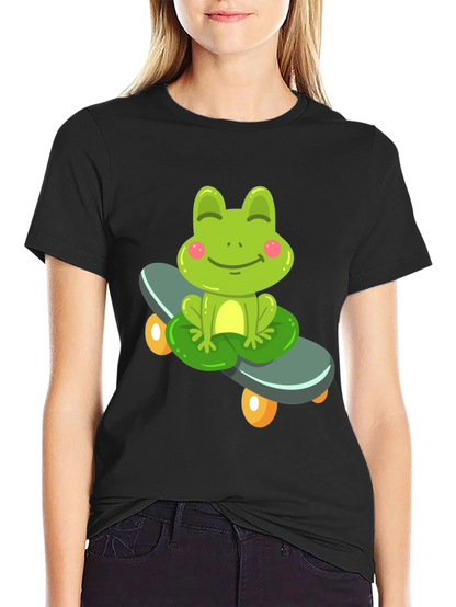 Cute Frog on Skateboard Black T-Shirt