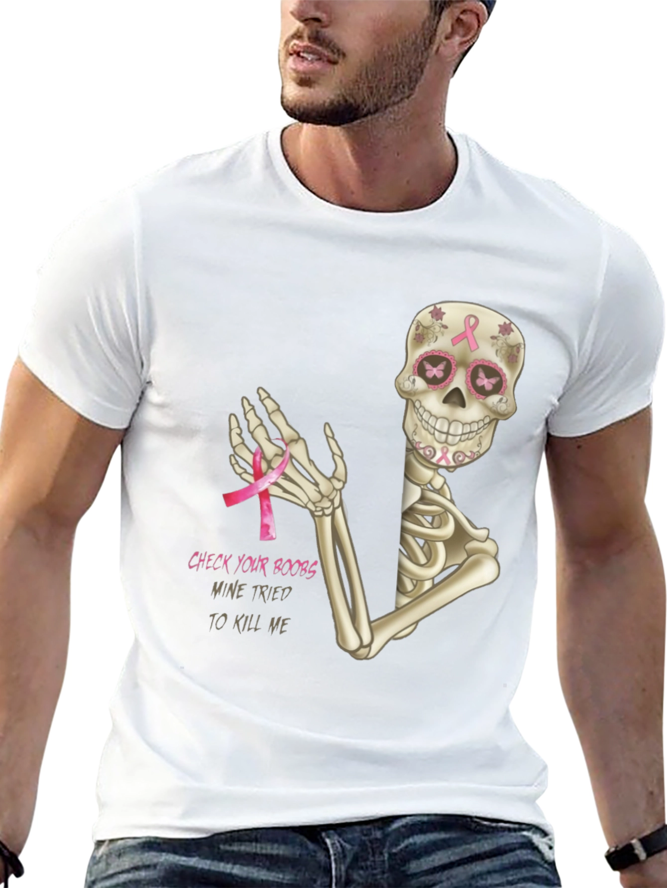 Check Your Boobs Breast Cancer Skeleton T-Shirt