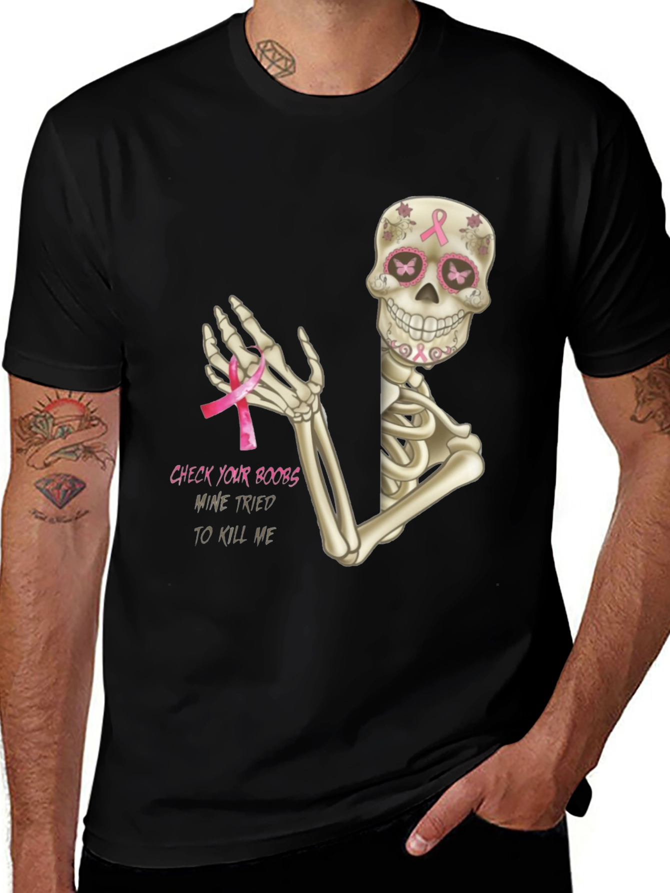 Check Your Boobs Breast Cancer Skeleton T-Shirt