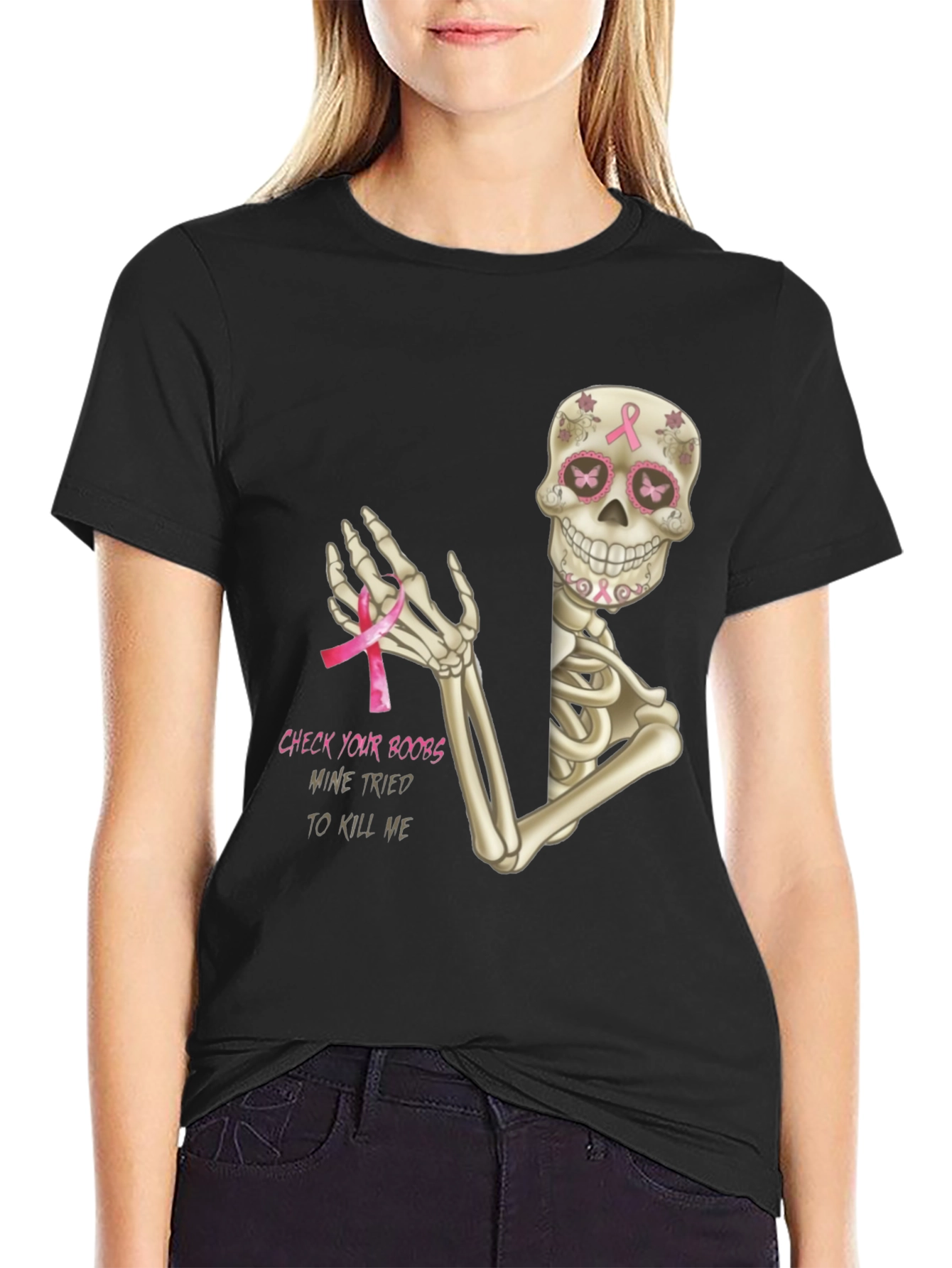 Check Your Boobs Breast Cancer Skeleton T-Shirt