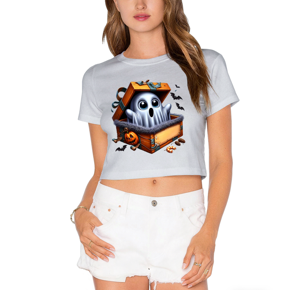Ghost Surprise In Treasure Box Halloween Cropped T?Shirt