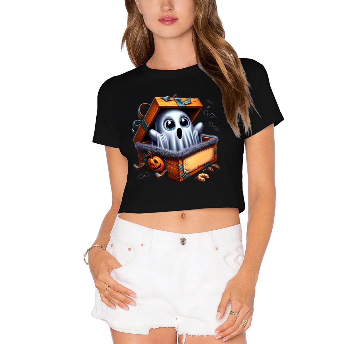 Ghost Surprise In Treasure Box Halloween Cropped T?Shirt
