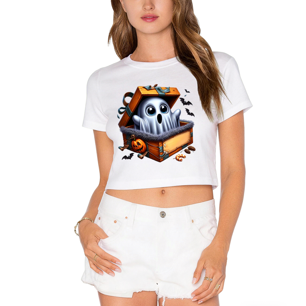 Ghost Surprise In Treasure Box Halloween Cropped T?Shirt