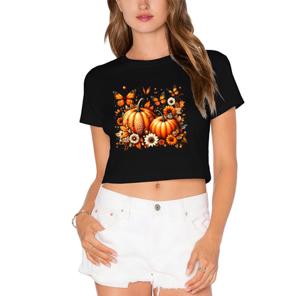 Fall Pumpkin Butterfly Floral Graphic Crop Top