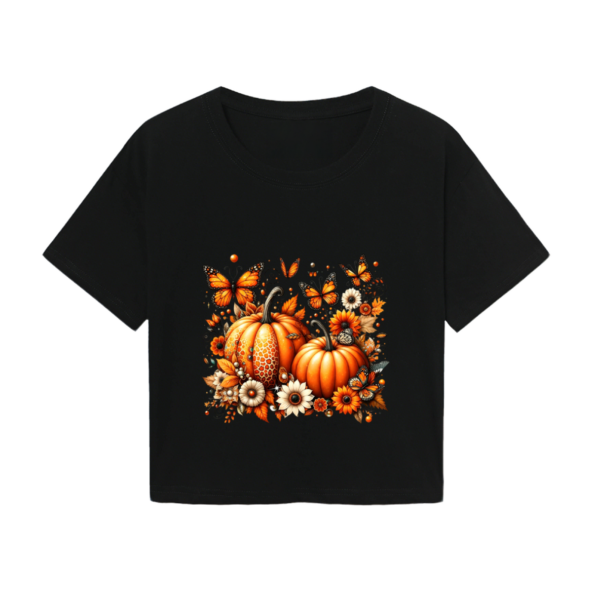 Fall Pumpkin Butterfly Floral Graphic Crop Top