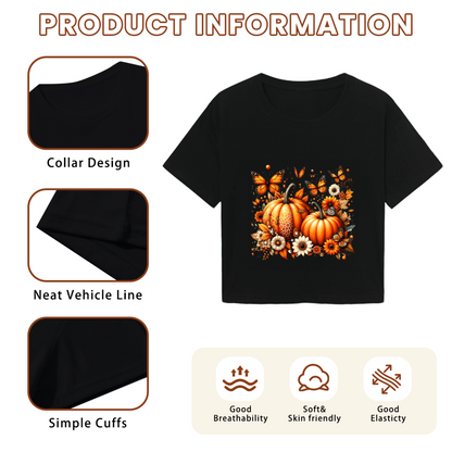 Fall Pumpkin Butterfly Floral Graphic Crop Top
