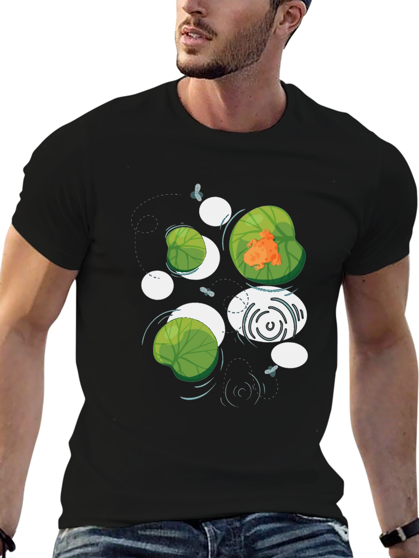 Frog on Lily Pad Graphic Black T-Shirt