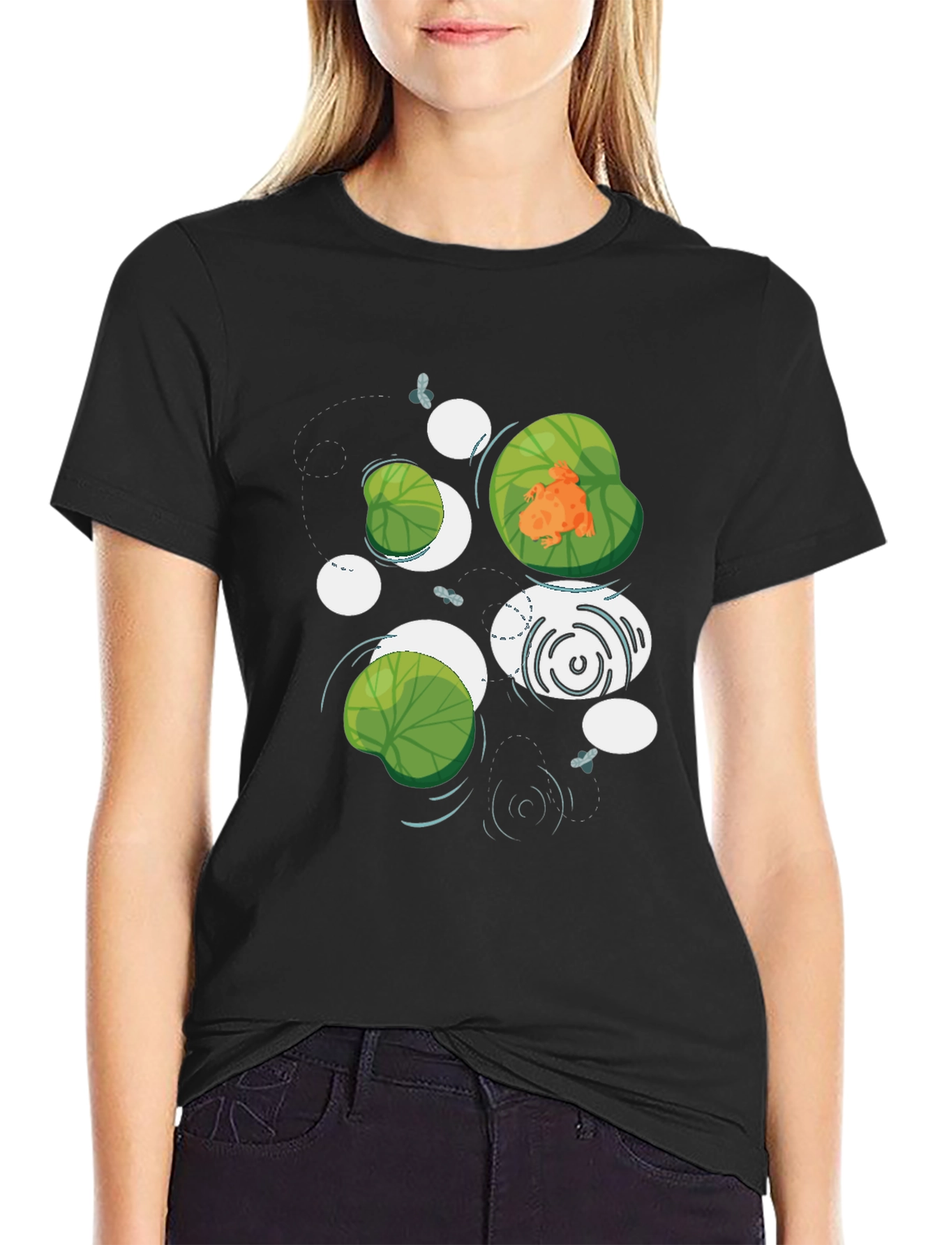 Frog on Lily Pad Graphic Black T-Shirt