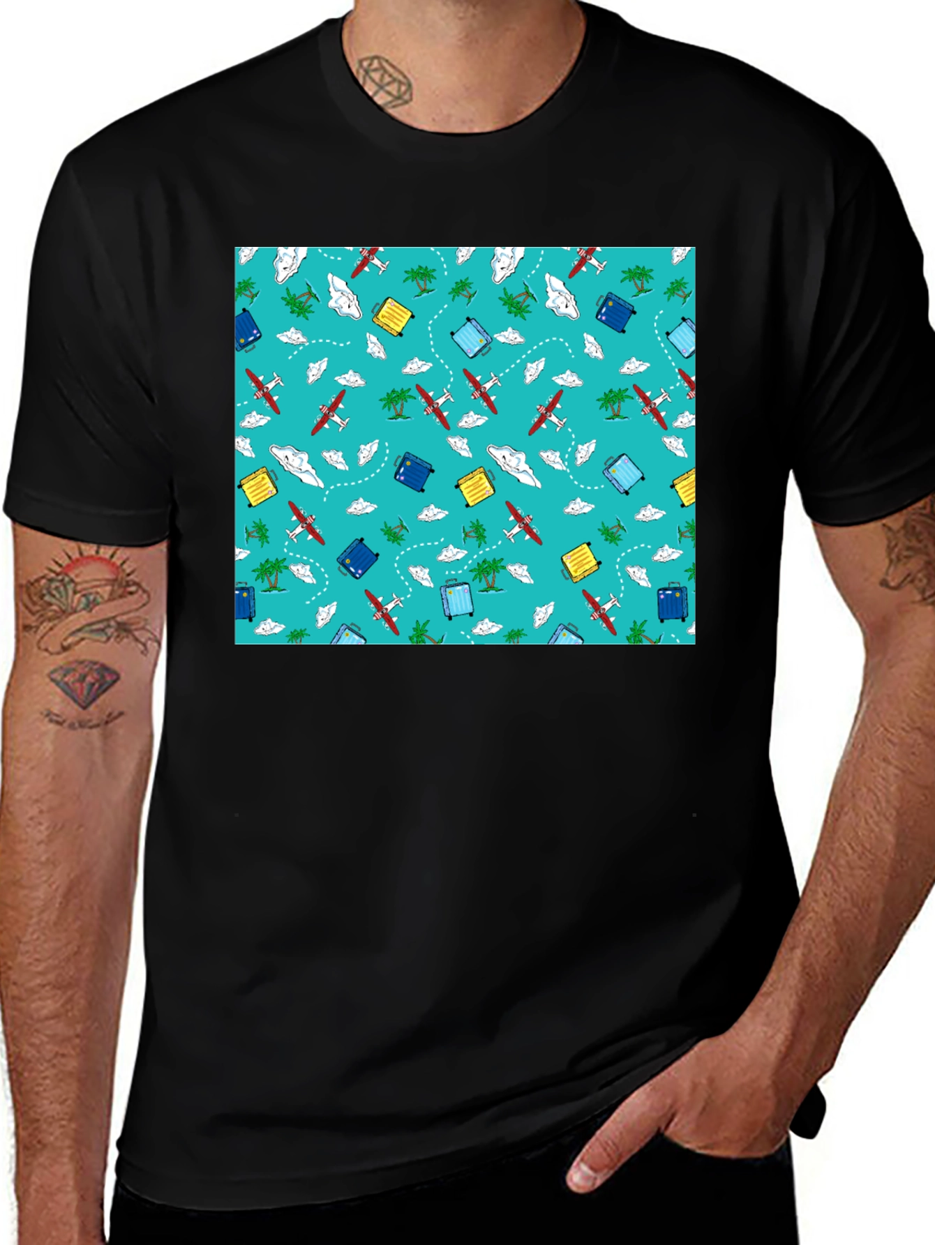 Travel Pattern Black T-Shirt