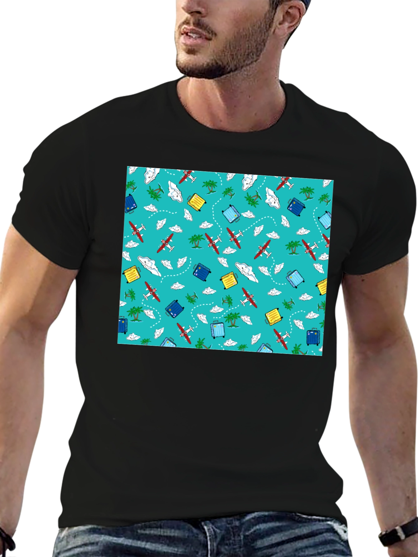 Travel Pattern Black T-Shirt