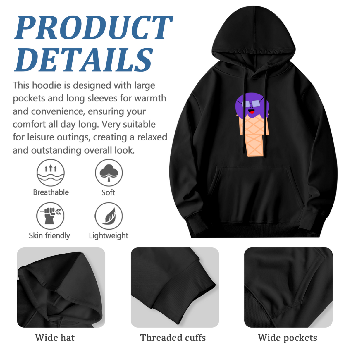 Purple Ice Cream Cone Hoodie with Face & Glasses