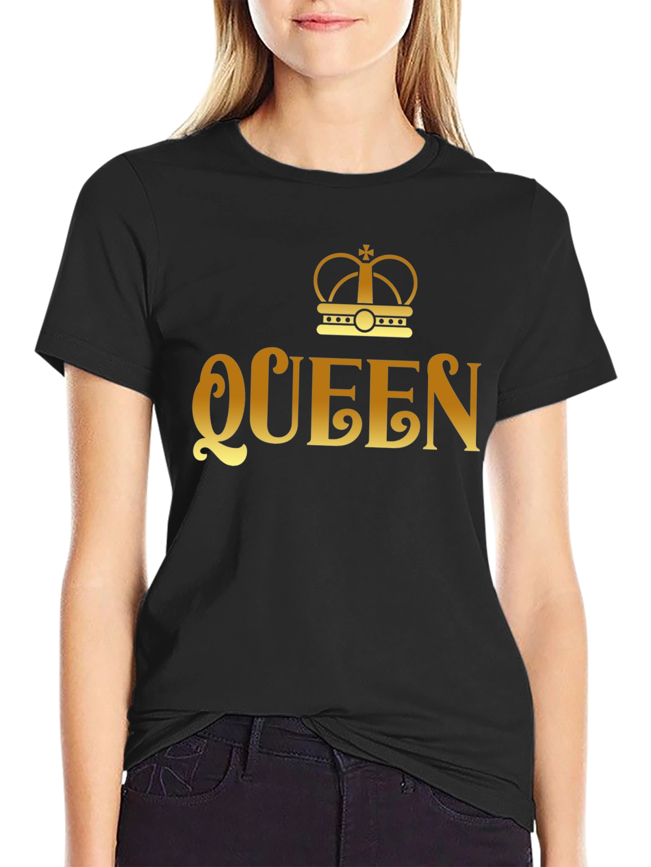 Queen Crown Gold Print Black T-Shirt